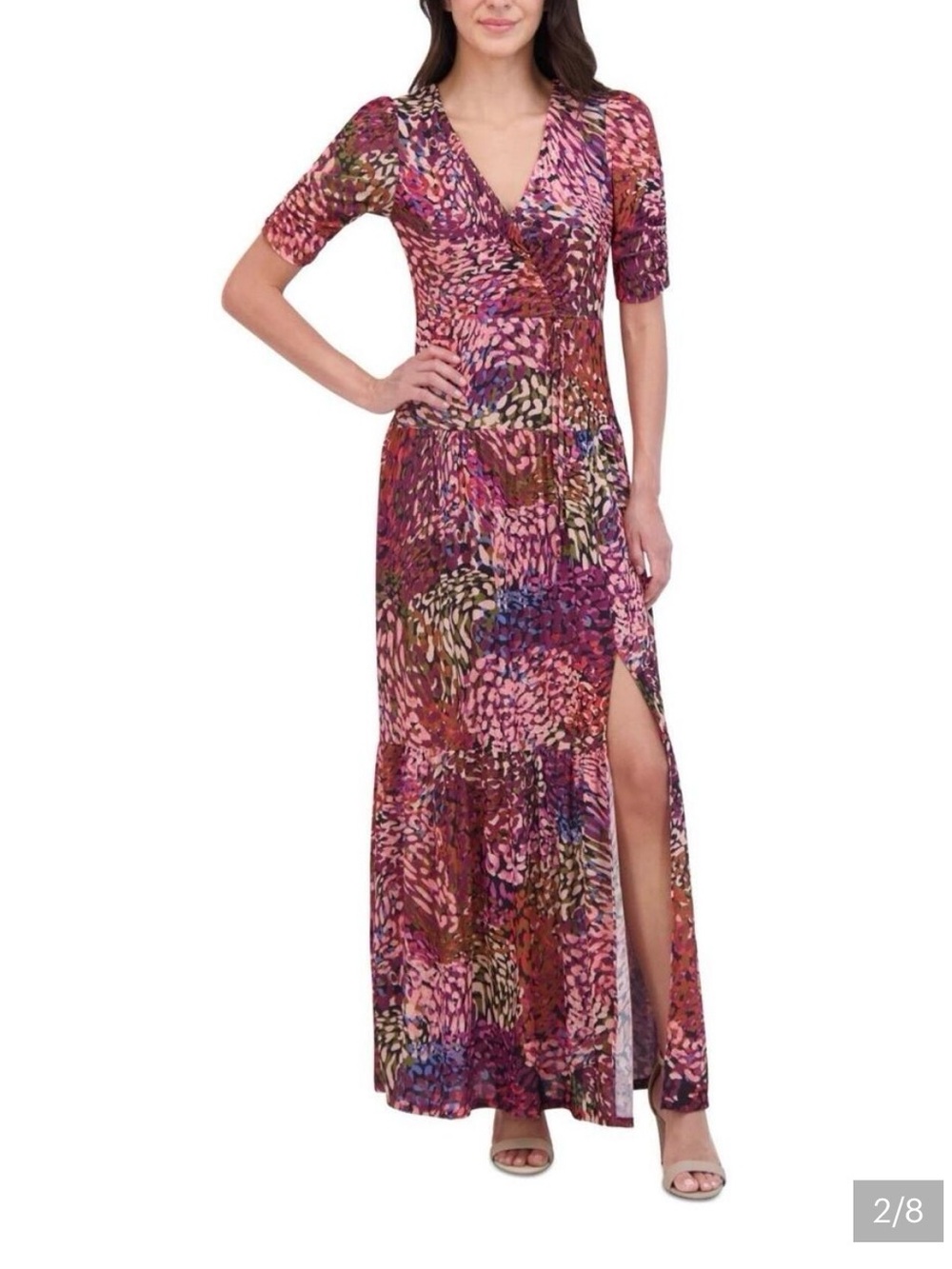 Vince Camuto Pink And Purple Palette Multi-Print Wrap Maxi Dress with Side Slit